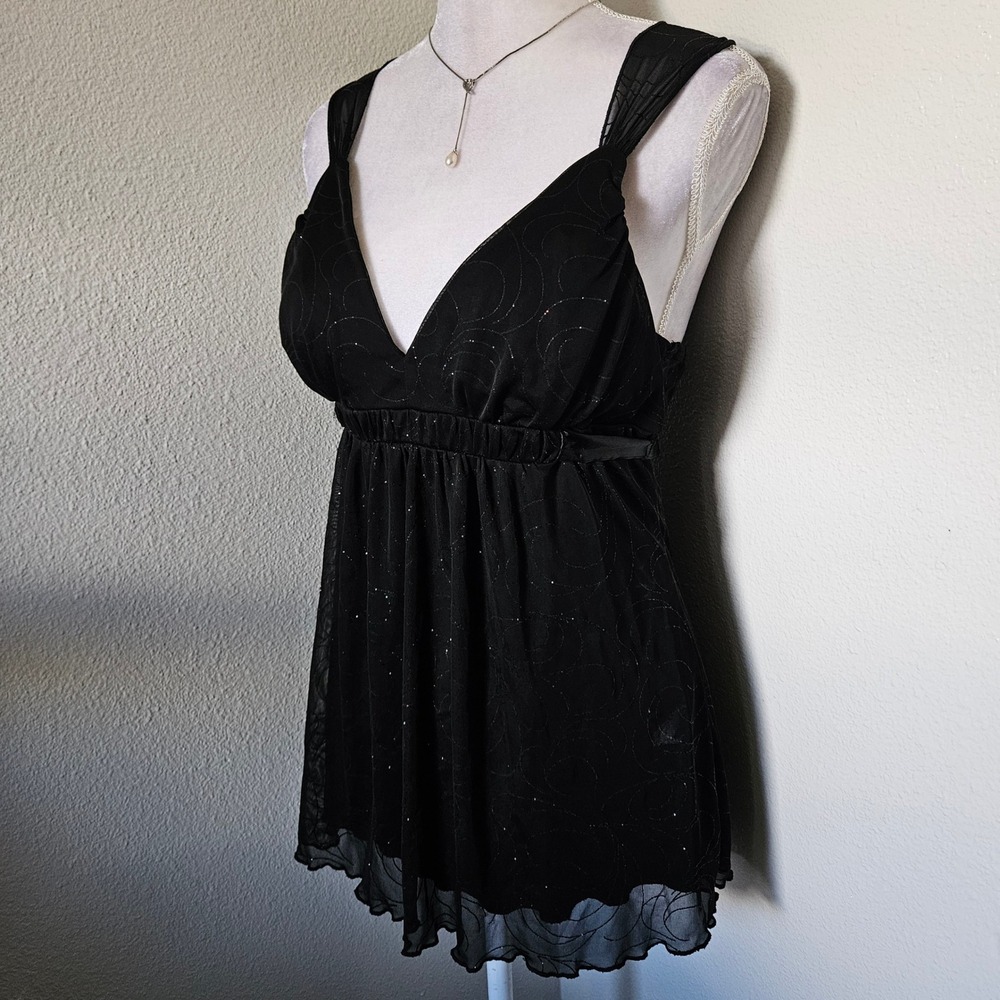 Studio Y Black Glitter Swirl Mesh Babydoll Top Camisole